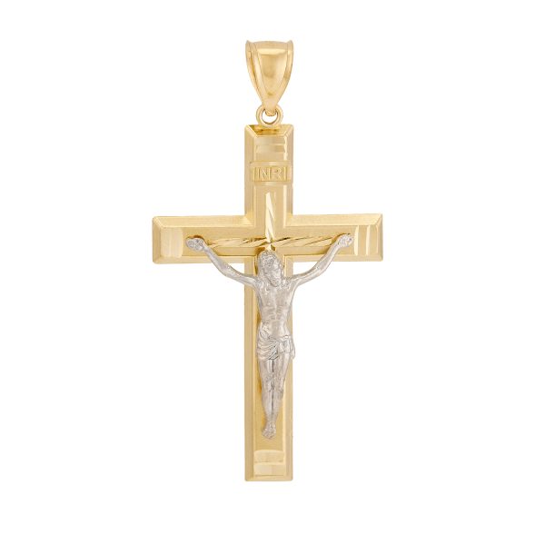 10K Yellow/White Gold Diamond Cut INRI Crucifix with Beveled Edge <br />771-0025