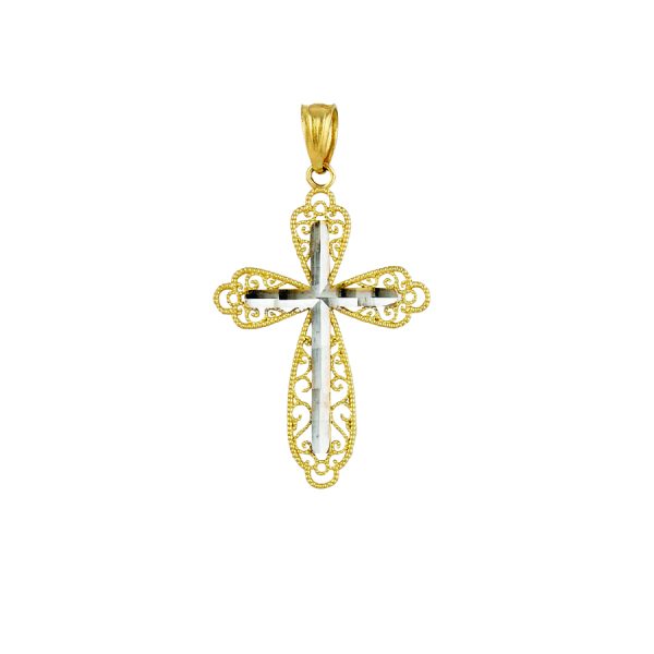 14K Two-Tone Diamond Cut Lace Edge Cross <br />772-5096