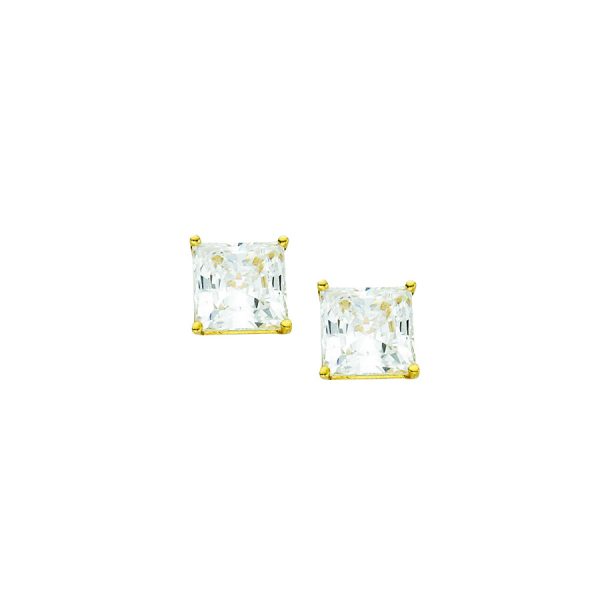 14K Yellow Gold 6.0mm Basket Set Princess CZ Stud- Post (2.5dwt)  <br />870-021