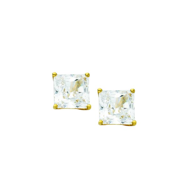 14K Yellow Gold 7.0mm Basket Set Princess CZ Stud- Post (4.0dwt)  <br />870-022