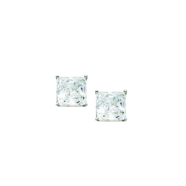 14K White Gold 6.0mm Basket Set Princess CZ Stud- Post (2.5dwt)  <br />870-023