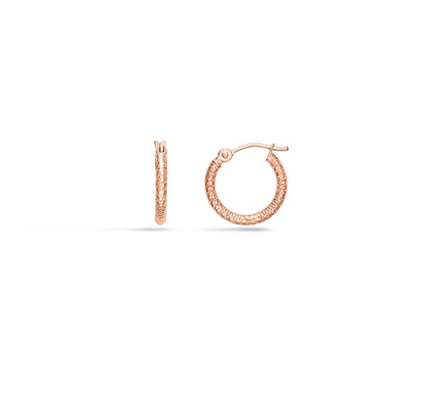 14K Rose Gold 2X15mm Diamond Cut Textured Hoops <br />882-020