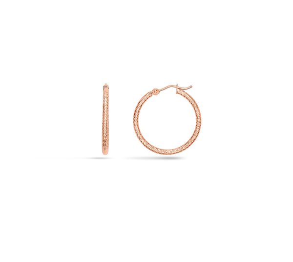 14K Rose Gold 2X25mm Diamond Cut Textured Hoops <br />882-022