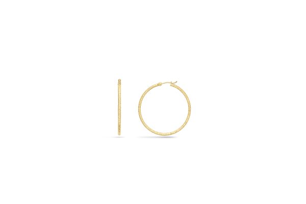 14K Yellow Gold 2X40mm Diamond Cut Textured Hoops <br />882-204
