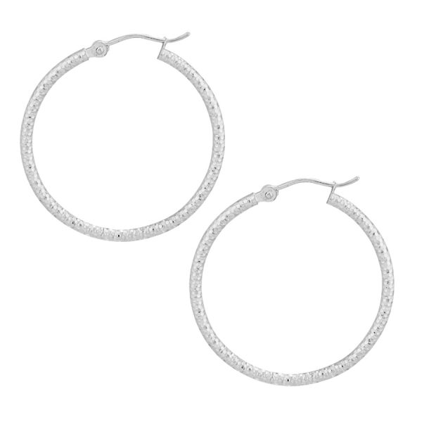 14K White Gold 2X30mm Diamond Cut Textured Hoops <br />882-254