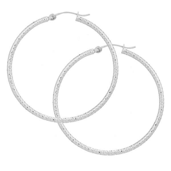 14K White Gold 2X40mm Diamond Cut Textured Hoops <br />882-255