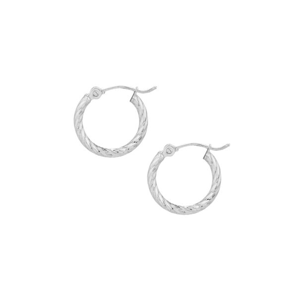 14K White Gold 2X15mm Diamond Cut Twisted Hoops <br />882-257
