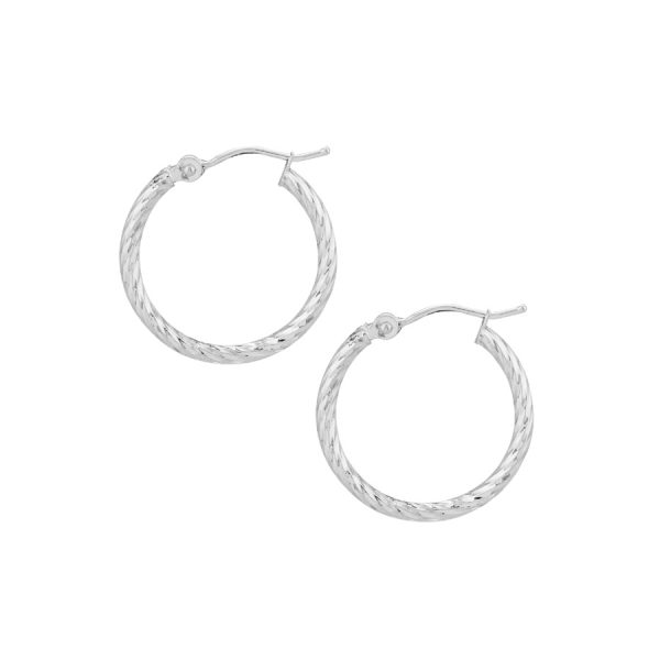 14K White Gold 2X20mm Diamond Cut Twisted Hoops <br />882-258