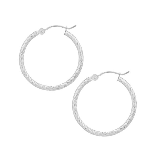 14K White Gold 2X25mm Diamond Cut Twisted Hoops <br />882-259