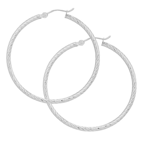 14K White Gold 2X40mm Diamond Cut Twisted Hoops <br />882-261