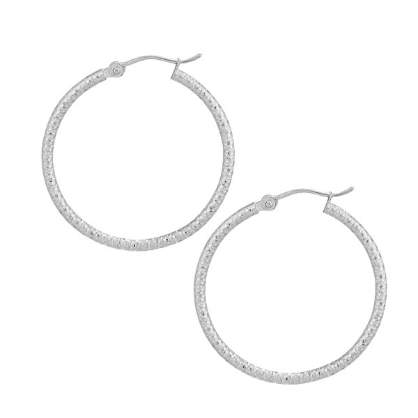 14K White Gold 2X25mm Diamond Cut Textured Hoops <br />882-264
