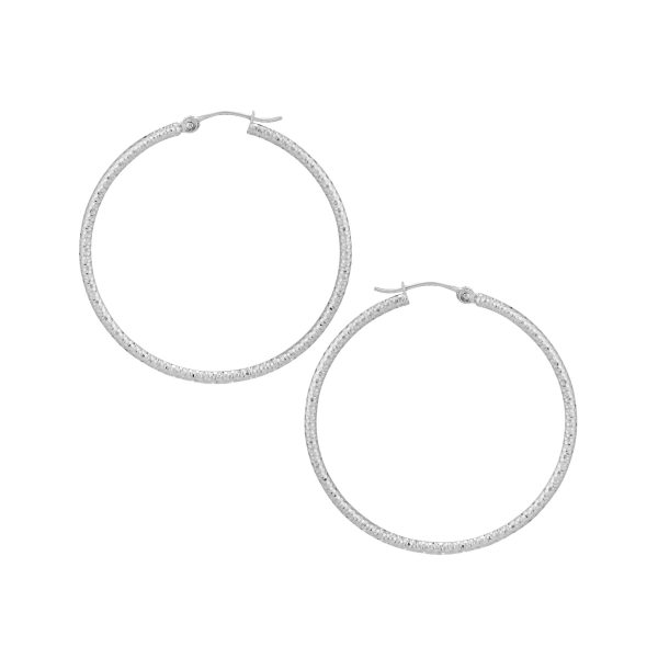 14K White Gold 2X50mm Diamond Cut Textured Hoops <br />882-265