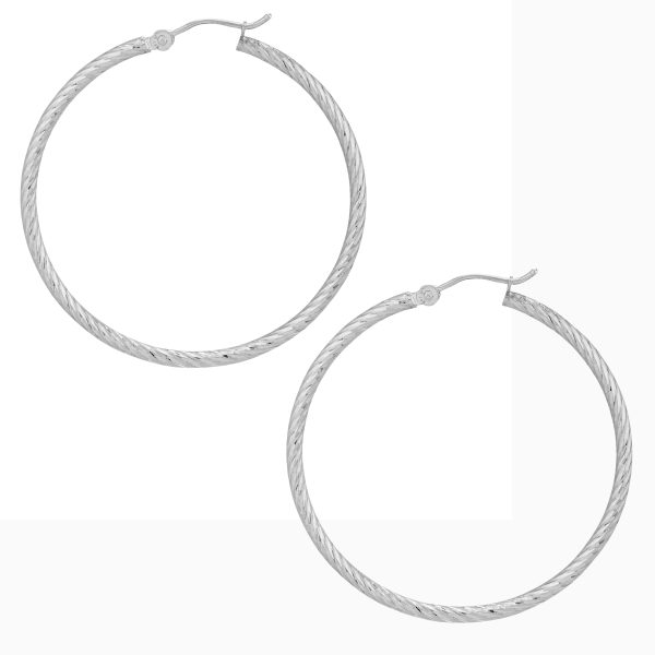 14K White Gold 2X50mm Diamond Cut Twisted Hoops <br />882-267