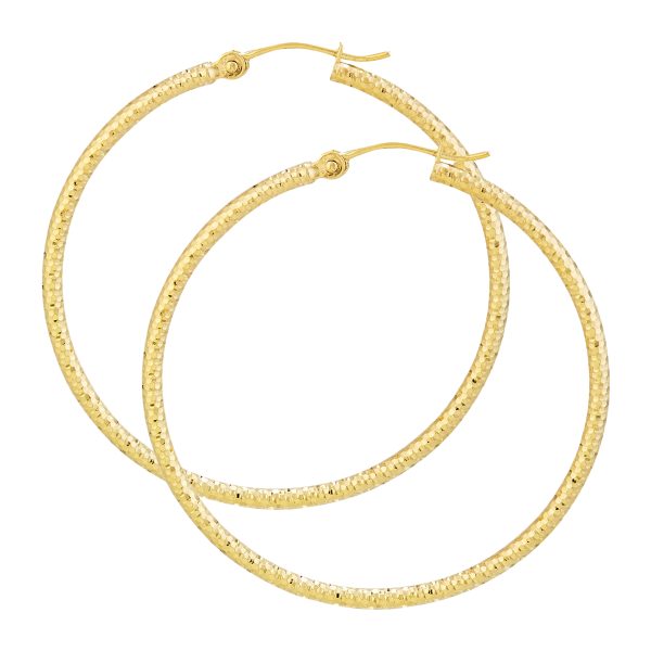 14K Yellow Gold 2X55mm Diamond Cut Textured Hoops <br />886-015