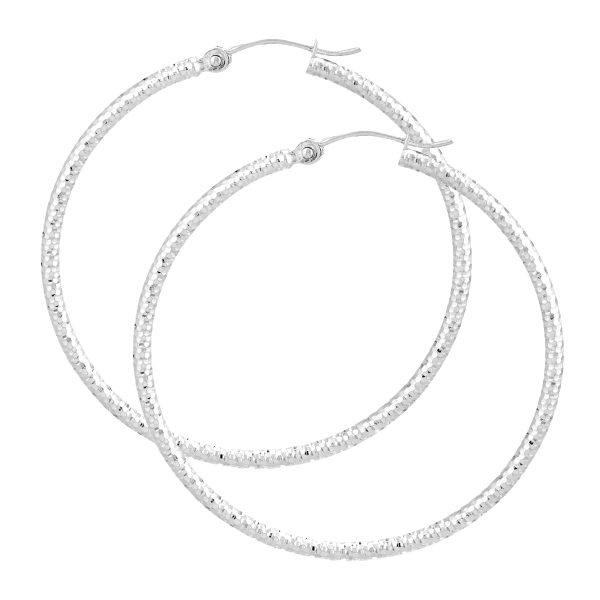 14K White Gold 2X55mm Diamond Cut Textured Hoops <br />886-018