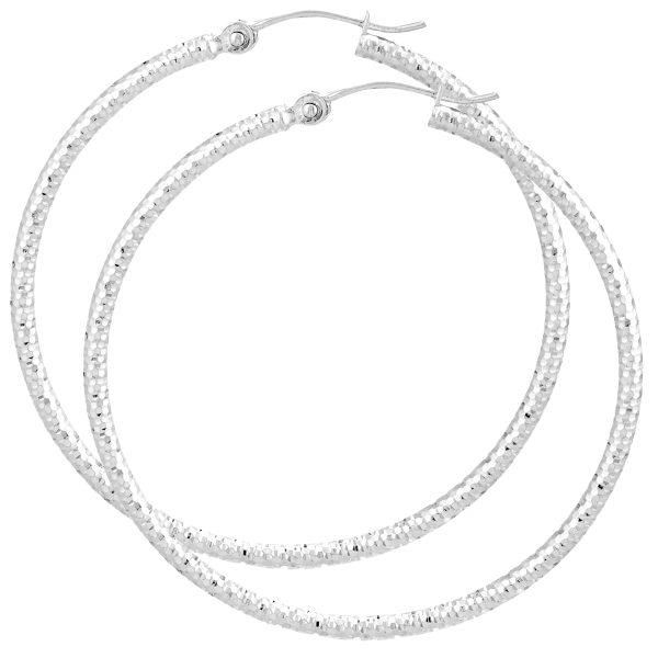 14K White Gold 2X70mm Diamond Cut Textured Hoops <br />886-020
