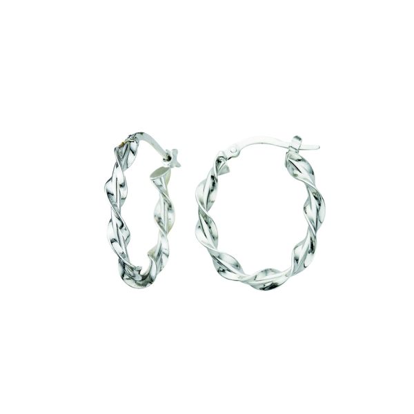 14K White Gold Italian Oval Ribbon Twisted Hoop Fancy Earrings <br />G-5041