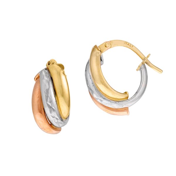 14K Tri-Color Diamond Cut Triple Band Hoop Earrings <br />G-5207