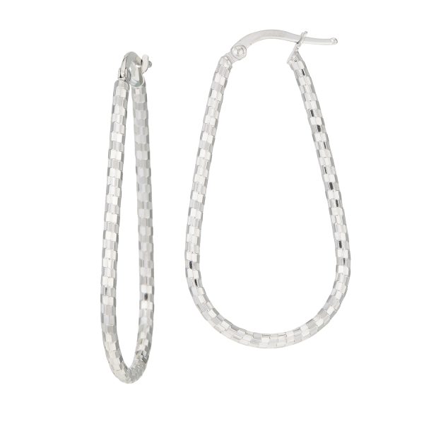 14K White Gold Stripe Texture Elongated Round Teardrop Hoops  <br />G-5220