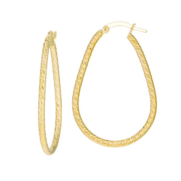 14K Yellow Gold Diamond Cut Twisted Elongated Teardrop Hoops <br />G-5221