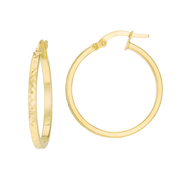 14K Yellow Gold Diamond Cut Flat Band Round Hoops <br />G-5227