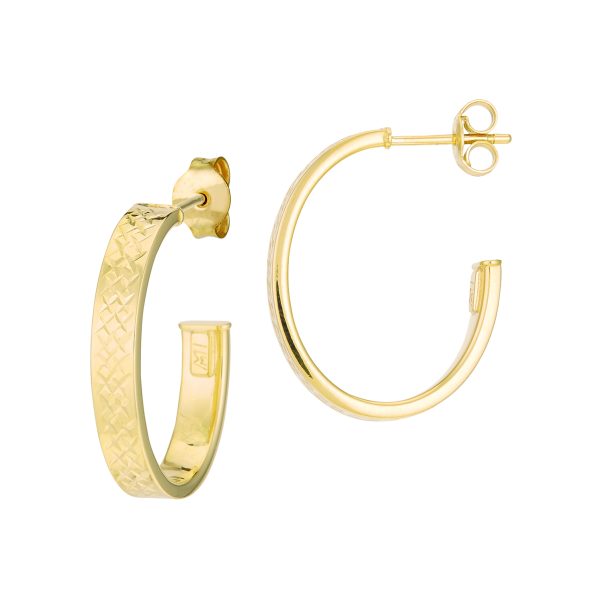 14K Yellow Gold Diamond Cut Texture Flat Band Oval Half Hoops <br />G-5231