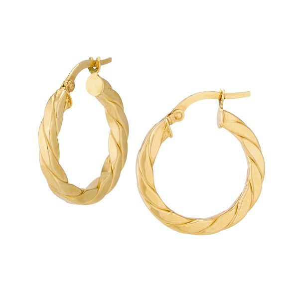 14K Yellow Gold Flat Polished Round Hoops with Swirl Side <br />G-5254