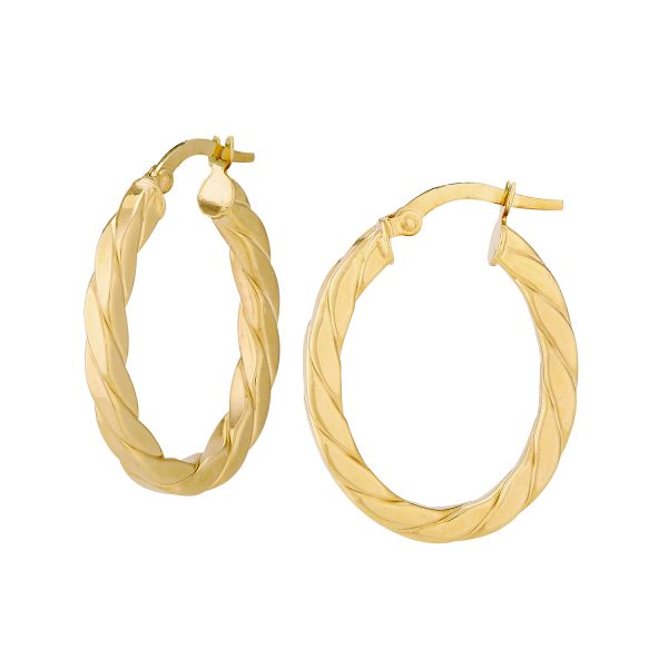 14K Yellow Gold Flat Polished Oval Hoops with Swirl Side <br />G-5255