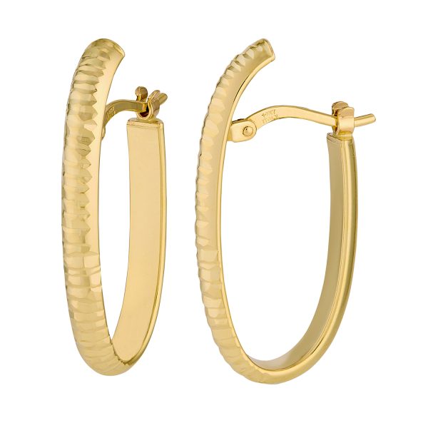 14K Yellow Gold 12x27mm Oval Diamond Cut Hinged Back Hoops <br />G-5279