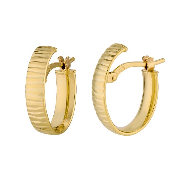 14K Yellow Gold 10x15mm Oval Diamond Cut Hinged Back Hoops <br />G-5283