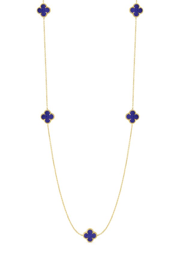 14K Yellow Gold Italian Blue Lapis Multi Clover Necklace with 16"-18" extender <br />G-5609