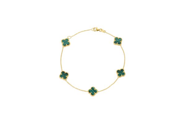 14K Yellow Gold Italian Green Malachite Multi Clover Bracelet with 7"-8" extender <br />G-5612