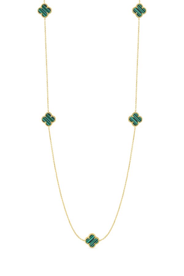 14K Yellow Gold Italian Green Malachite Multi Clover Necklace with 16"-18" extender <br />G-5614
