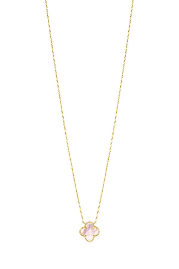 14K Yellow Gold Italian Pink Mother of Pearl Clover Necklace with 16"-18" extender <br />G-5616