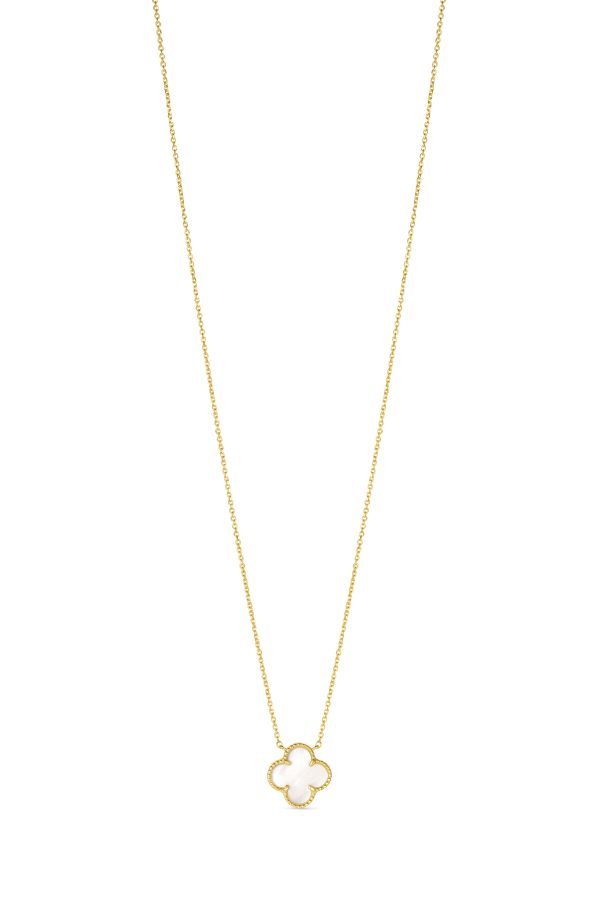 14K Yellow Gold Italian White Mother of Pearl Clover Necklace with 16"-18" extender <br />G-5621