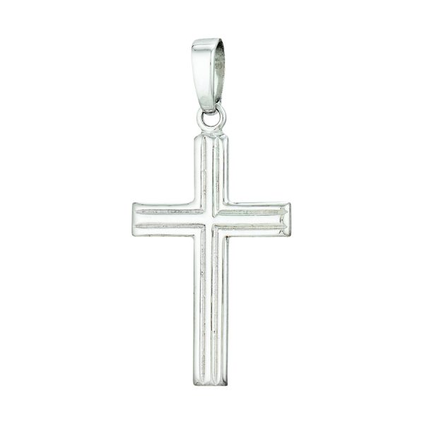 Sterling Silver Rhodium Plated Ribbed Polished Cross <br />SSR-70-526