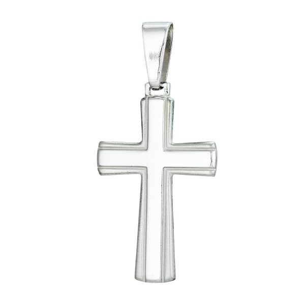 Sterling Silver Rhodium Plated Polished Satin Edged Ribbed Cross <br />SSR-70-532
