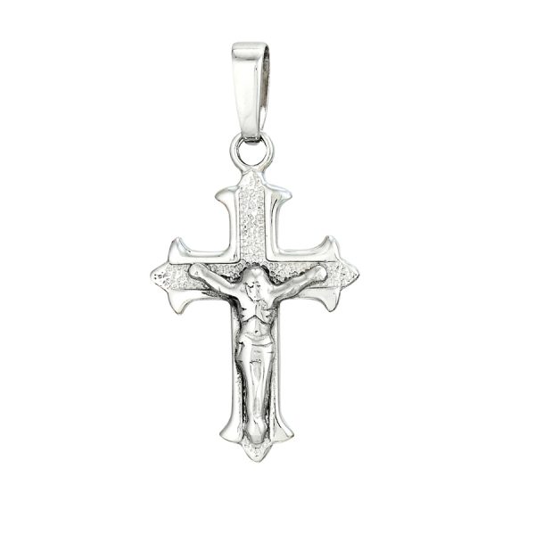 Sterling Silver Rhodium Plated Textured Fancy Edge Crucifix <br />SSR-70-538