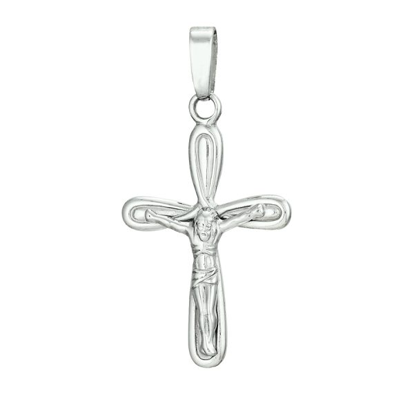 Sterling Silver Rhodium Plated Round Edge Crucifix <br />SSR-70-539