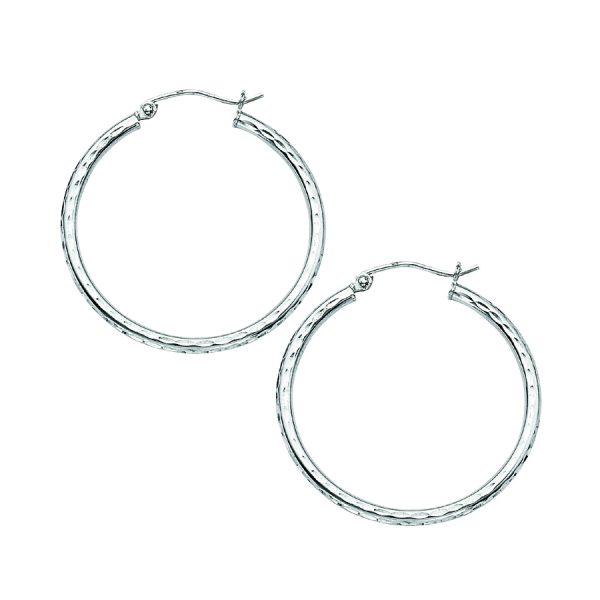 Sterling Silver Rhodium Plated 2X30mm Diamond Cut Hoops <br />SSR-80-302