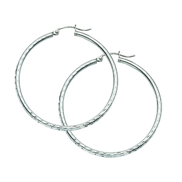 Sterling Silver Rhodium Plated 2X40mm Diamond Cut Hoops <br />SSR-80-303