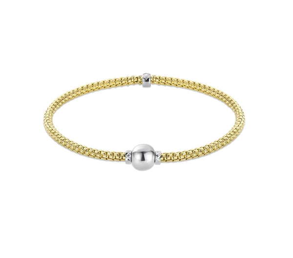 14K Yellow Gold Italian Round Woven Stretch Bracelet with White Gold Ball <br />G-5405