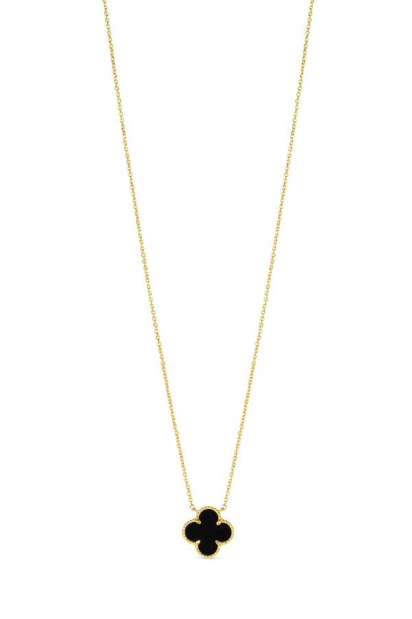 14K Yellow Gold Italian Black Onyx Clover Necklace with 16"-18" extender<br />G-5601