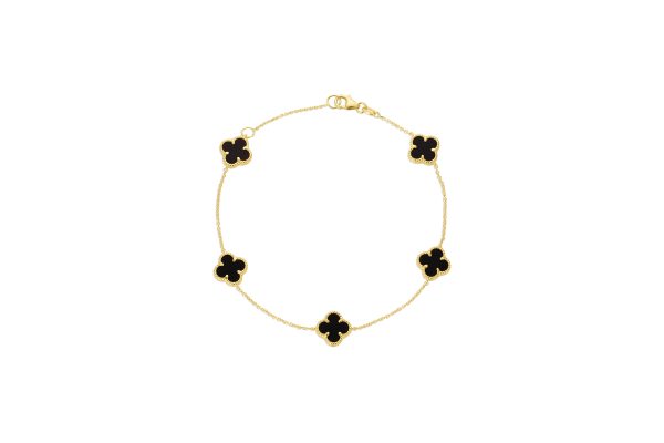 14K Yellow Gold Italian Black Onyx Multi Clover Bracelet with 7"-8" extender<br />G-5602