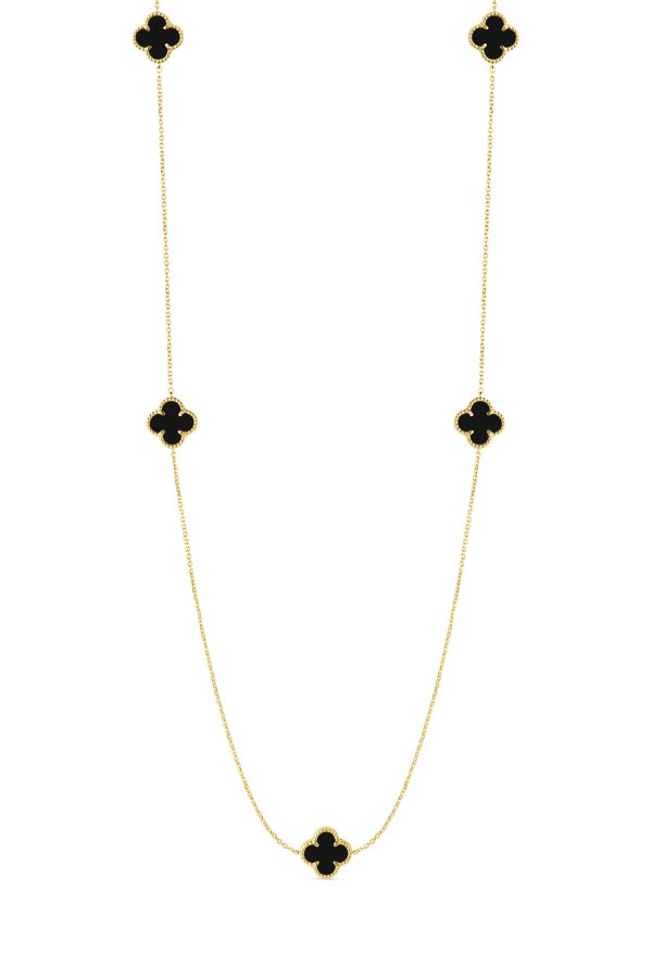 14K Yellow Gold Italian Black Onyx Multi Clover Necklace with 16"-18" extender<br />G-5604