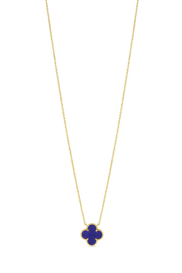 14K Yellow Gold Italian Blue Lapis Clover Necklace with 16"-18" extender<br />G-5606