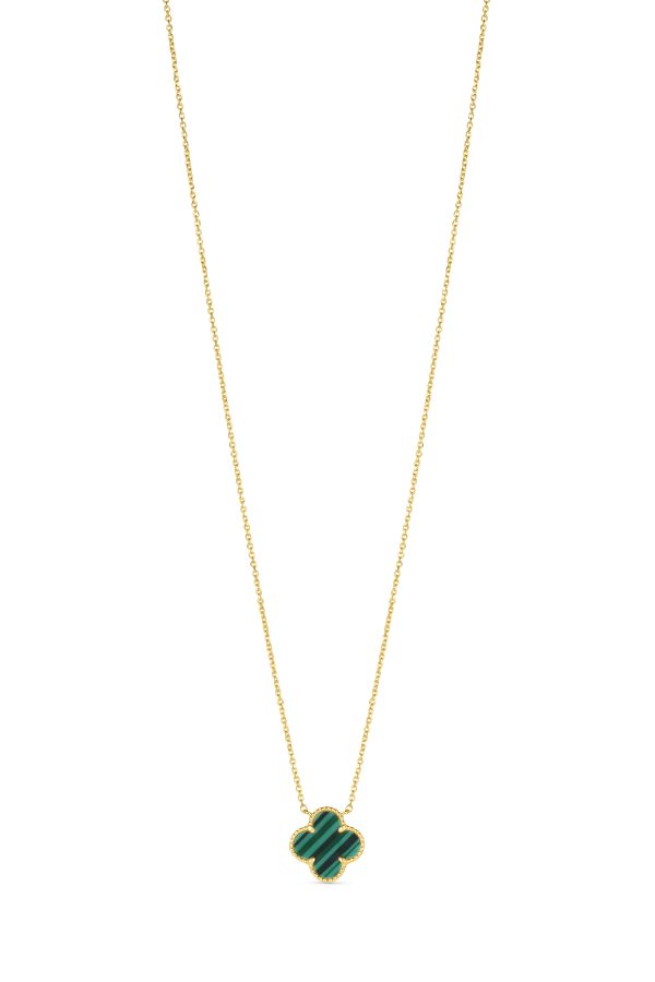 14K Yellow Gold Italian Green Malachite Clover Necklace with 16"-18" extender<br />G-5611