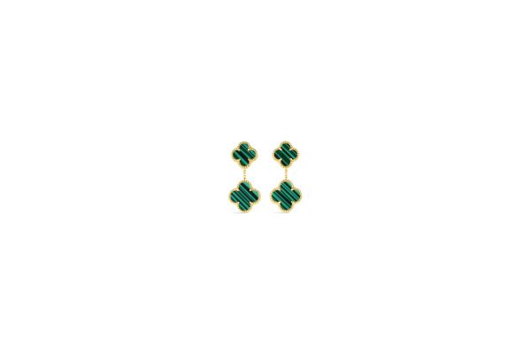 14K Yellow Gold Italian Green Malachite Multi Clover Earring<br />G-5613