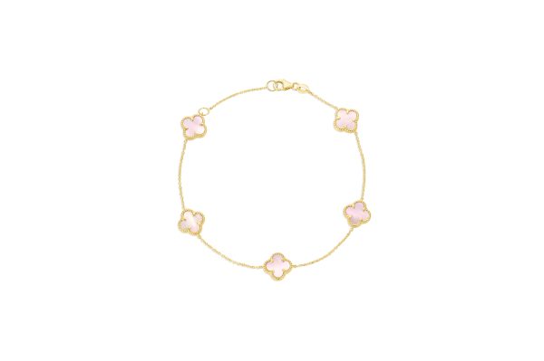 14K Yellow Gold Italian Pink Mother of Pearl Multi Clover Bracelet with 7"-8" extender<br />G-5617