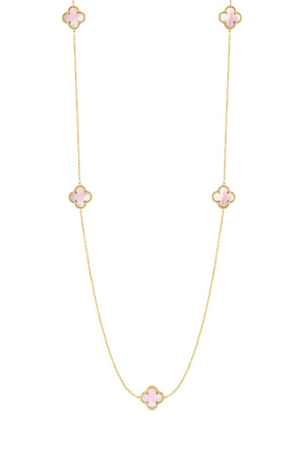 14K Yellow Gold Italian Pink Mother of Pearl Multi Clover Necklace with 16"-18" extender<br />G-5619
